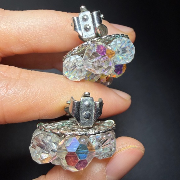 Vintage Aurora Borealis AB Crystal Rhinestone Filigree Clip-On Earrings - Picture 10 of 13